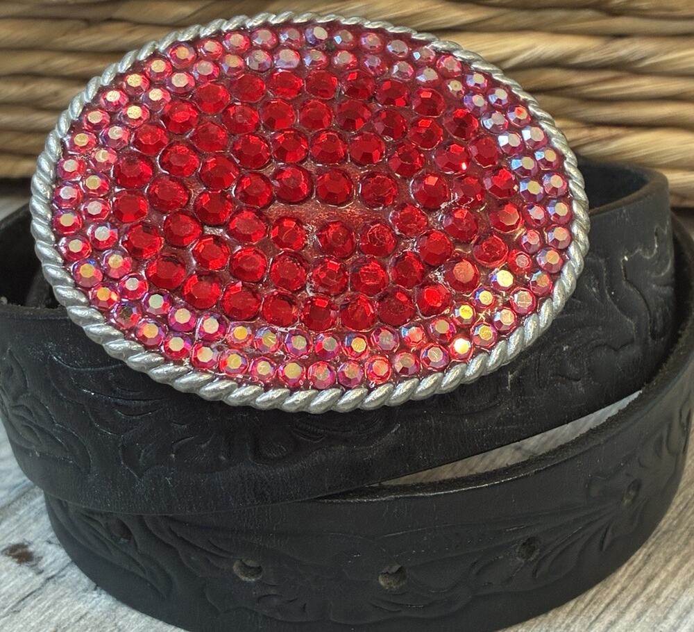 Vintage Y2K Bebe Black Leather Belt Red Rhinestone buckle Western P/S